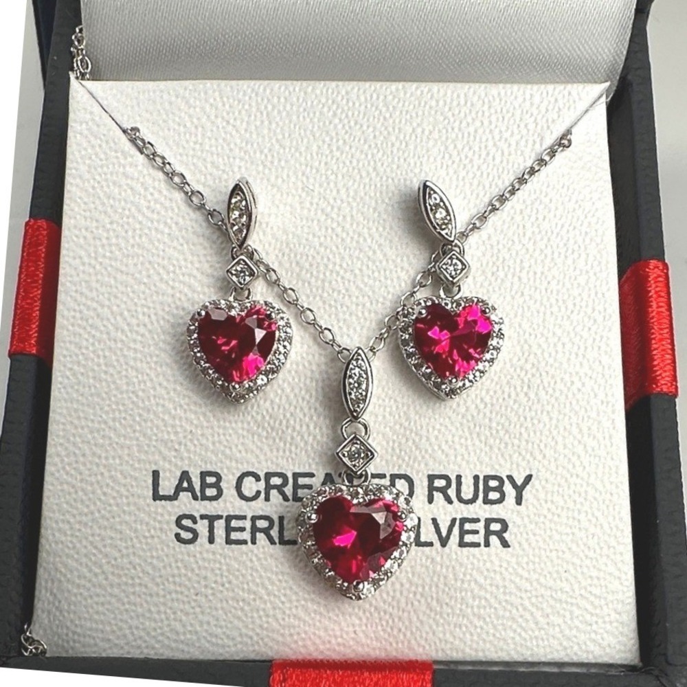 Sterling Silver Lab Ruby Heart Necklace Earrings Set July Birthstone NIB Regal - Picture 3 of 8